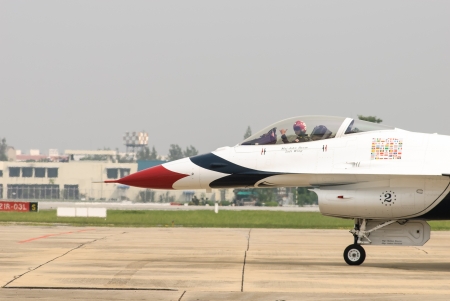 United States Air Force Thunderbirds military aerobatic team during an exhibition at Royal Thai Air...