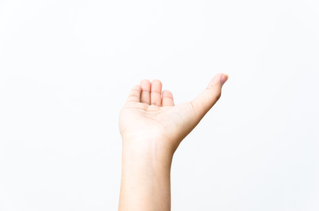 Close-up of beautiful woman's hand, palm up. Isolated on white backgroundの写真素材