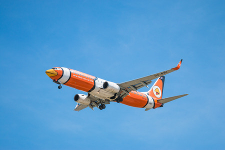 BANGKOK, THAILAND - JUNE 1, 2015: HS-DBJ Nok Air Boeing 737-800 landing to Don Mueang International Airport Thailand. Nok Air company is the largest low cost airlines in Thailand.のeditorial素材