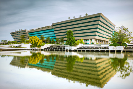 Bangkok, Thailand - September 9, 2015:Landscape of Government Complex Building shines at Dusk. Government Complex has 34 government units located at Chaeng Wattana Road in Bangkok,Thailandのeditorial素材