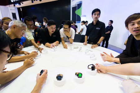 BANGKOK, THAILAND - October 3, 2015 :The Product of Samsung Galaxy S6 S6 Edge Note 5 A8 J7 and Gear in Thailand Mobile Expo 2015 Showcase The largest Event Mobile in the country Between 1-4 October 2015, The public are interested in attending the event arのeditorial素材