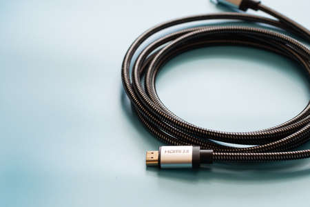 HDMI Cable connector and copy space on blue background color mood and tone styleの写真素材