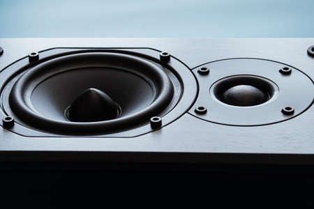 Closeup of black premium loudspeaker for music and home theater system with color mood and tone styleの写真素材