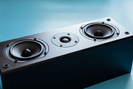 Closeup of black premium loudspeaker for music and home theater system with color mood and tone styleの写真素材