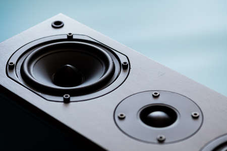 Closeup of black premium loudspeaker for music and home theater system with color mood and tone styleの写真素材