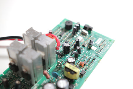 Power Supply modern printed-circuit board with electronic components with transistor. PCB detail....