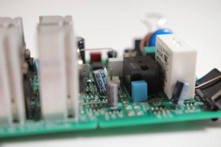 Power Supply modern printed-circuit board with electronic components with transistor. PCB detail....