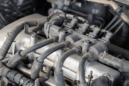 Engine component maintenance automotive workshop technical image indoor close-up engineering insightの写真素材