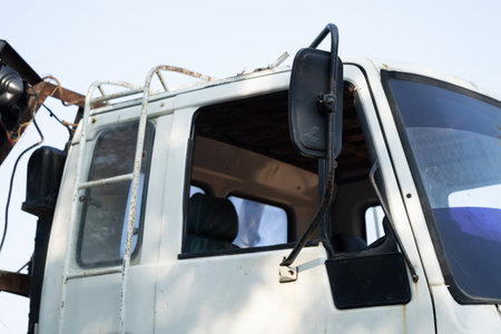 Truck interior inspection abandoned site vehicle detail outdoor close-up decay and neglectの写真素材