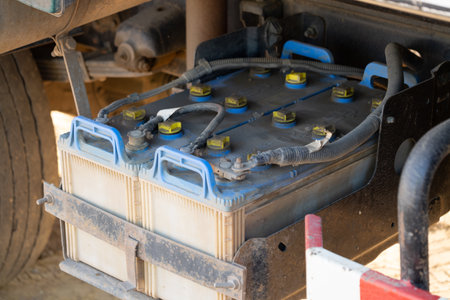 Battery maintenance action truck location industrial content type outdoor environment close-up...