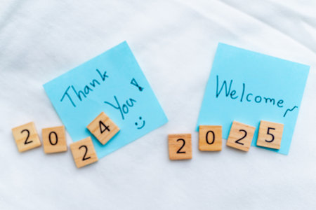 New year transition thanking 2024 and welcoming 2025 corporate office digital content professional environment inspirational viewpointの写真素材