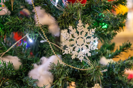 Christmas tree decoration close-up cozy home holiday content festive environment vibrant viewpoint seasonal spiritの写真素材
