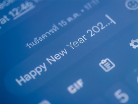A digital greeting celebrates New Year 2023 showcasing technology's role in festive communication.の写真素材