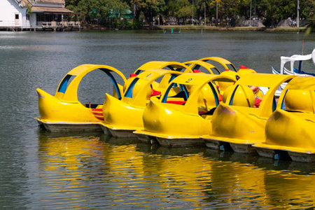 Colorful yellow paddle boats await adventure at the picturesque lake perfect for leisurely outings.