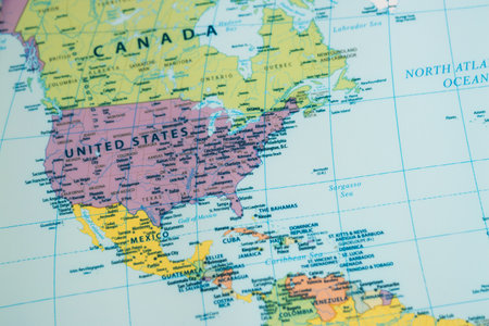 A detailed map showcasing the geographic layout of North America highlighting the USA Canada and Mexico.の写真素材