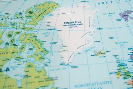 Discover the captivating geography of Greenland through a detailed map showcasing its unique features.の写真素材