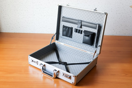 An open business briefcase reveals its organized interior a wooden table showcasing a minimalist workspace.の写真素材