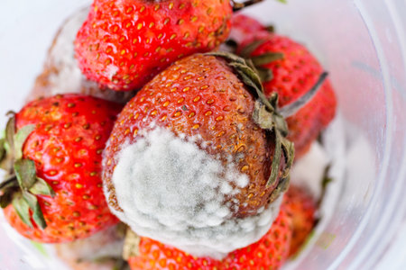 Moldy strawberries discovered in a kitchen highlight food spoilage and health risks.の写真素材