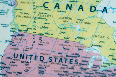 Explore the geographical features of Canada and the United States through this detailed map.の写真素材