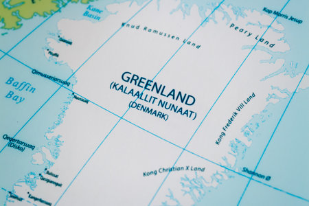 Discover the intricate geography of Greenland through an informative map highlighting key locations and features.の写真素材