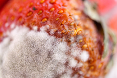 A close-up shot of mold growing on a rotting strawberry highlighting food spoilage.の写真素材