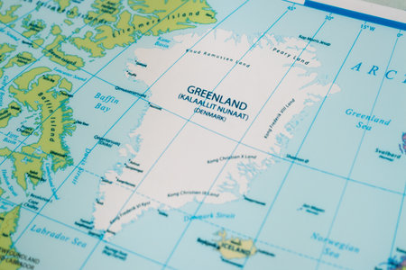 Discover Greenland's geography and culture through this detailed map showcasing its unique features.の写真素材