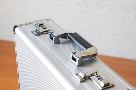 A detailed view of a silver business case showcasing its design and functionality.の写真素材