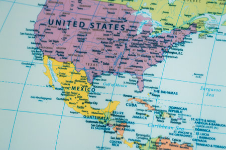 A detailed map showcasing North America featuring the United States and Mexico's geography and borders.の写真素材