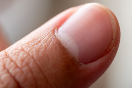A macro shot showcasing the intricate details of a finger's fingernail and skin texture.の写真素材