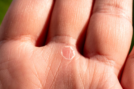 A detailed look at a skin condition a hand showcasing the healing process.の写真素材