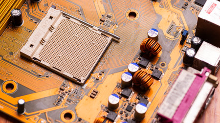 Explore the intricate details of a circuit board showcasing connections and components in a...