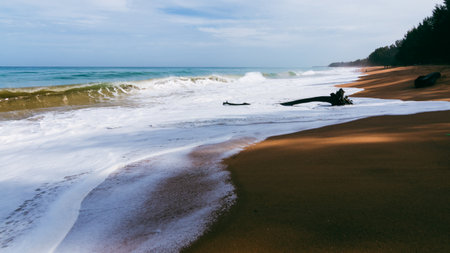 Experience the serene beauty of waves crashing a tranquil beach in this captivating nature photograph.の写真素材