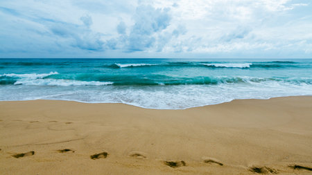Explore the tranquil beauty of waves breaking a sandy beach highlighting nature's serene elegance.の写真素材