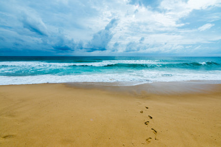 A tranquil beach scene with gentle waves and footprints leading into the ocean capturing nature's beauty.の写真素材