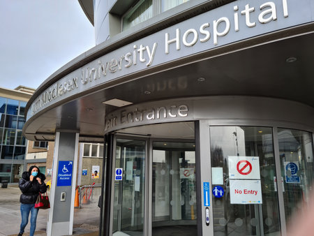 London. UK. 02.03.2021. An exterior view of the North Middlesex hospital. A NHS teaching and general hospital trust.のeditorial素材