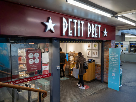 London. UK. 12.06.2020. The name sign and frontage of a branch of Pret A Manger. A multinational...