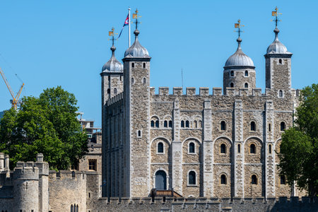 London. UK. 07.09.2020. Exterior view of the Tower of London on a sunny day with blue sky.のeditorial素材
