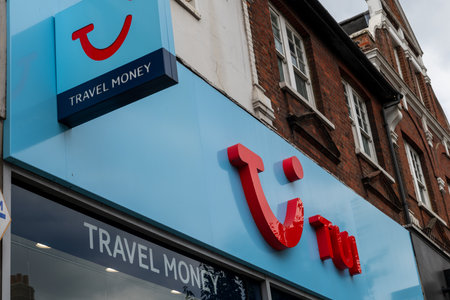 London.UK.05.08.2020. The name sign of the German travel company TUI on one of their high street...
