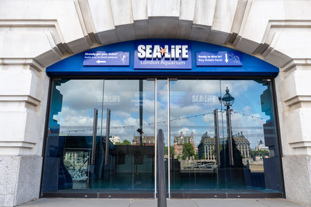 London. UK. 05.04.2020. The entrance and frontage of Sea Life London aquarium situated in the County Hall building. A popular tourist attraction.のeditorial素材