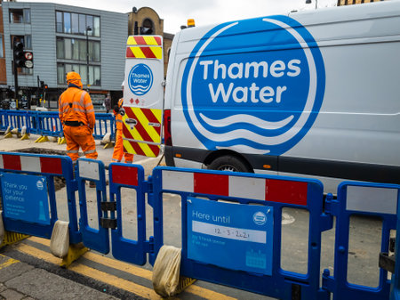London. UK. 03.17.2021. The British  water utility company Thames Water carrying out maintenance and...