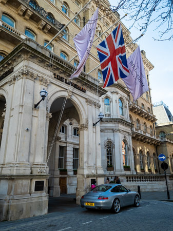 London. UK. 03.31.2021. A street view of the Langham Hotel on Regent Street. A luxury five star hotel in the traditional style of architecture.のeditorial素材