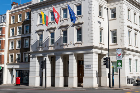London. UK. 03.31.2021. The facade of the Embassy of Lithuania in Pimlico with its national and...