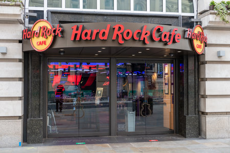 London. UK. 05.03.2021. The branch of Hard Rock Cafe in Leicester Square. A famous  restaurant chain with a rock and roll theme.のeditorial素材