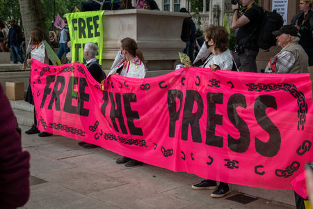 London. UK- 06.27.2021. A Free The Press protest in Parliament Square hosted by Extinction Rebellion...