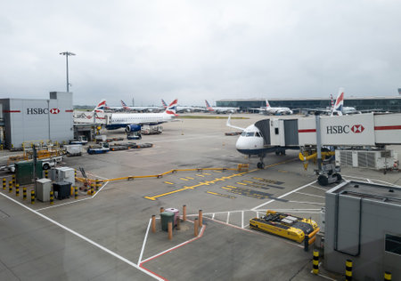 Heathrow airport. London- 07.25.2021: a view of Terminal 5 airport with British Airways planes ready...