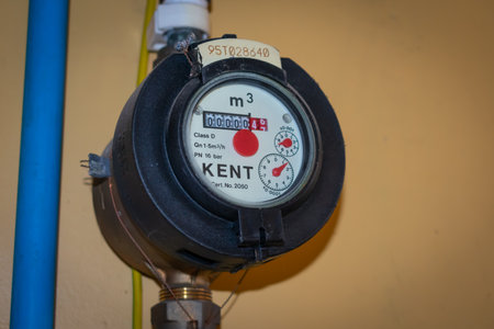 London. UK. 09.25.2021. An older style water meter with reading on the amount of water used.のeditorial素材