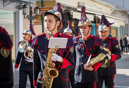 Lefkada. Greece. 10.28.2021. Portraits of members of the military marching band during the Greek Oxi...