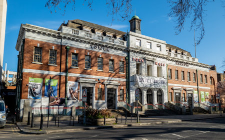 London. UK-04.02.2022. A street view of York Hall Leisure Centre. A multi purpose indoor arena and leisure complex in Bethnal Green.のeditorial素材