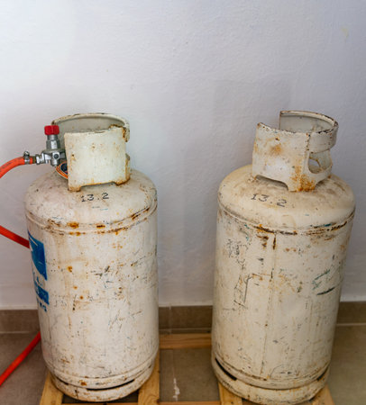 Two bottles of Liquefied Petroleum Gas used for cooking and heating.の写真素材