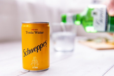 London. UK- 12.31.2022. A can of Schweppes Indian Tonic Water.The tonic part of gin and tonic.のeditorial素材